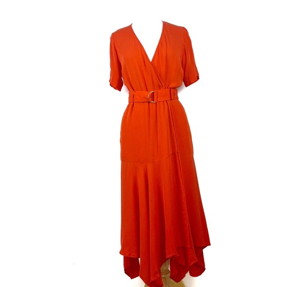 A.L.C. Dresses & Skirts - A.L.C. 100% Silk Red Orange Asymmetrical Wrap Dress w/ Pockets & Belt | Size 8